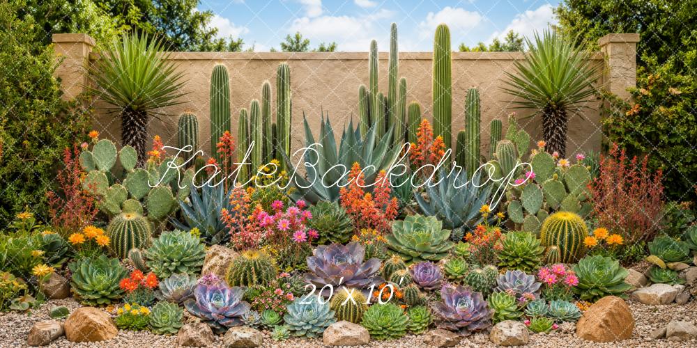 Kate Outdoor Cactus Succulent Garden Stone Wall Printed Backdrop Designed by Megan Leigh Photography