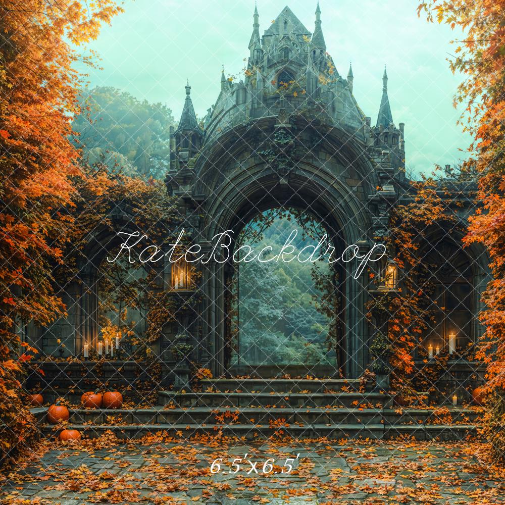 Fondo de hojas de arce del castillo gótico de Halloween diseñado por Emetselch