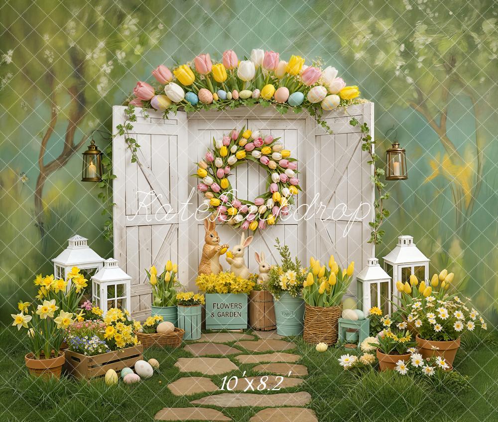 Kate Easter Bunny Tulip Wreath Garden Door Printed Backdrop Designed by Chain Photography