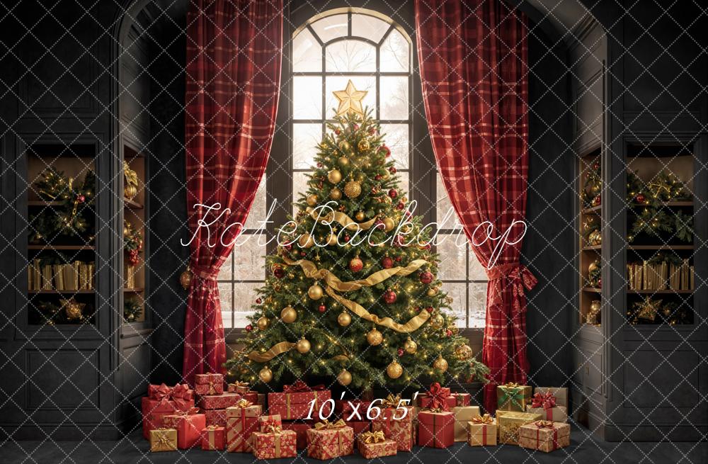 Kate Christmas Tree Red Plaid Curtains Window Gifts Backdrop Designed by Emetselch