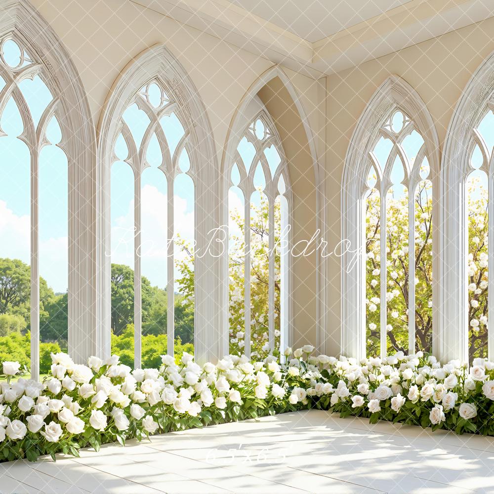 Kate Spring White Roses Gothic Arched Windows Backdrop Designed by Mini MakeBelieve