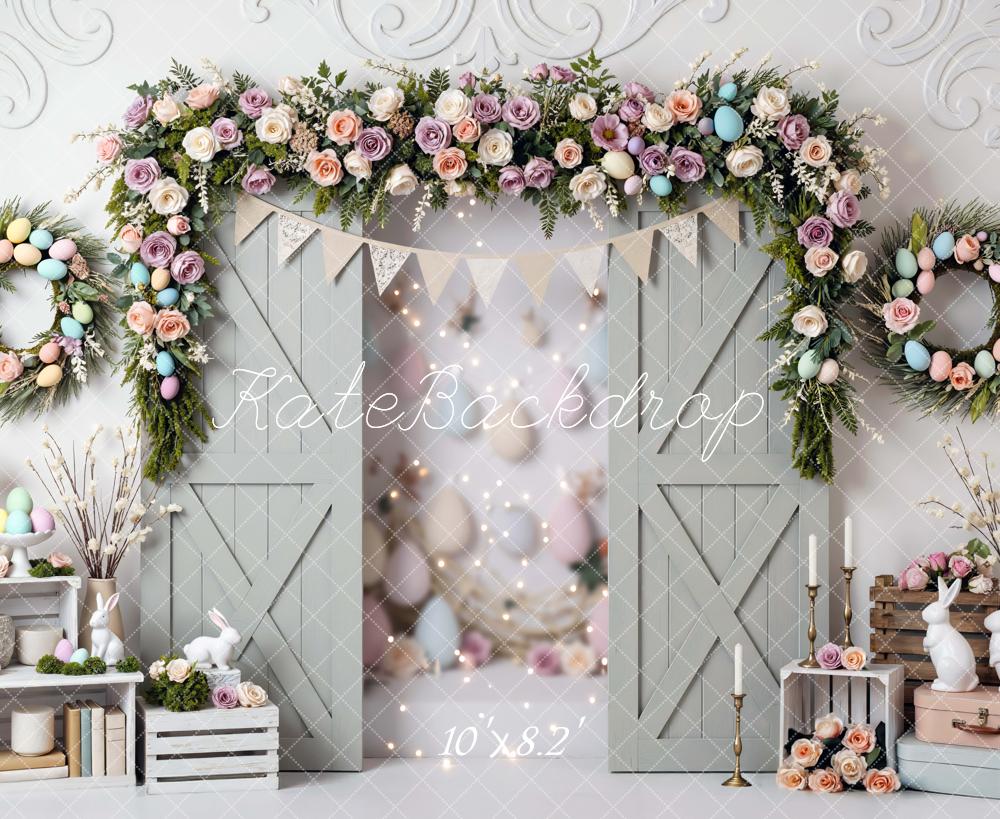 Kate Easter Bunny Flower Arch Pastel Barn Doors Backdrop Designed by Mini MakeBelieve