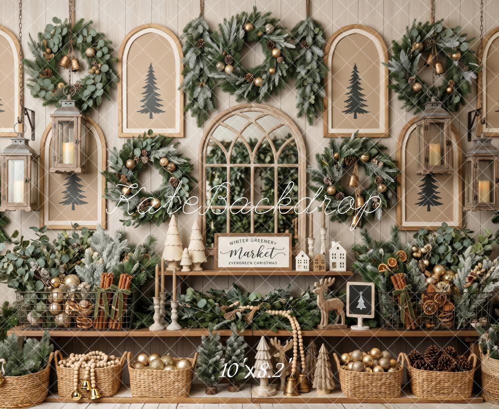 Kate Christmas Greenery Wreaths Lanterns Rustic Market Printed Backdrop Designed by Patty Roberts