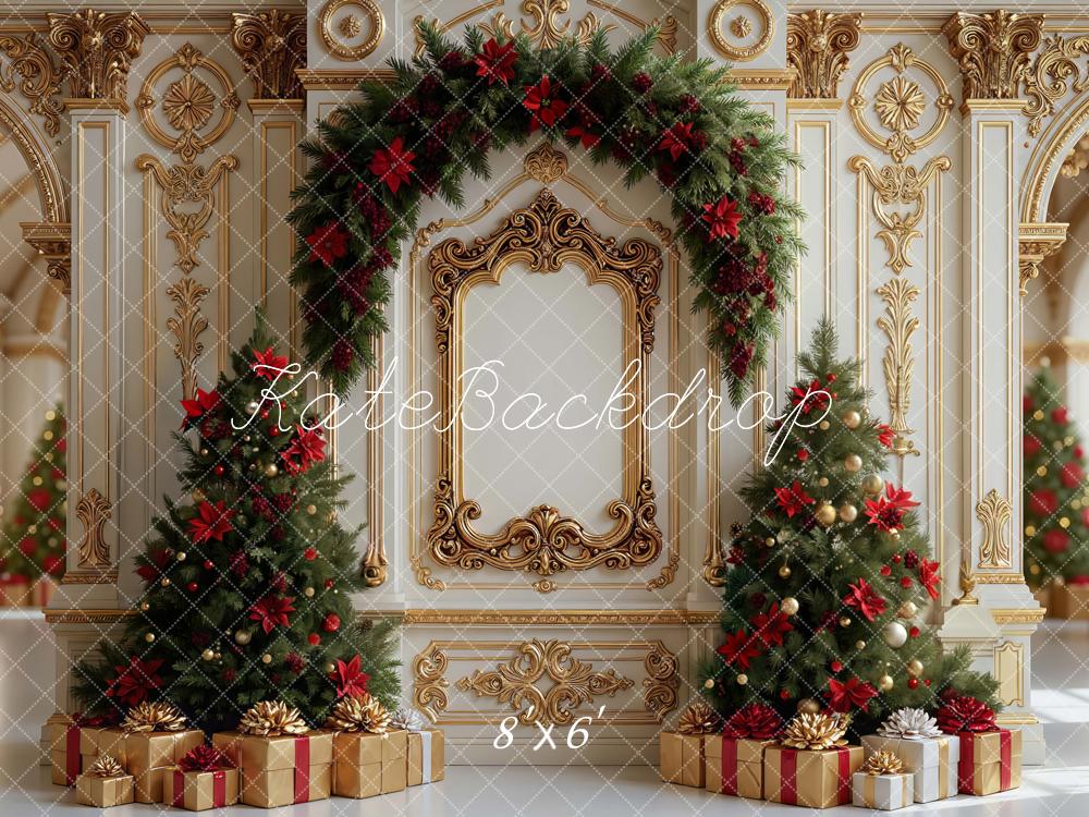 Kate Christmas Tree Retro Gold Ornate Arch Gifts Backdrop Designed by Mini MakeBelieve