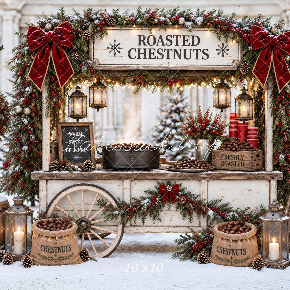 Kate Christmas Roasted Chestnut Cart Snowy Red Bow Printed Backdrop Designed by Ashley Paul