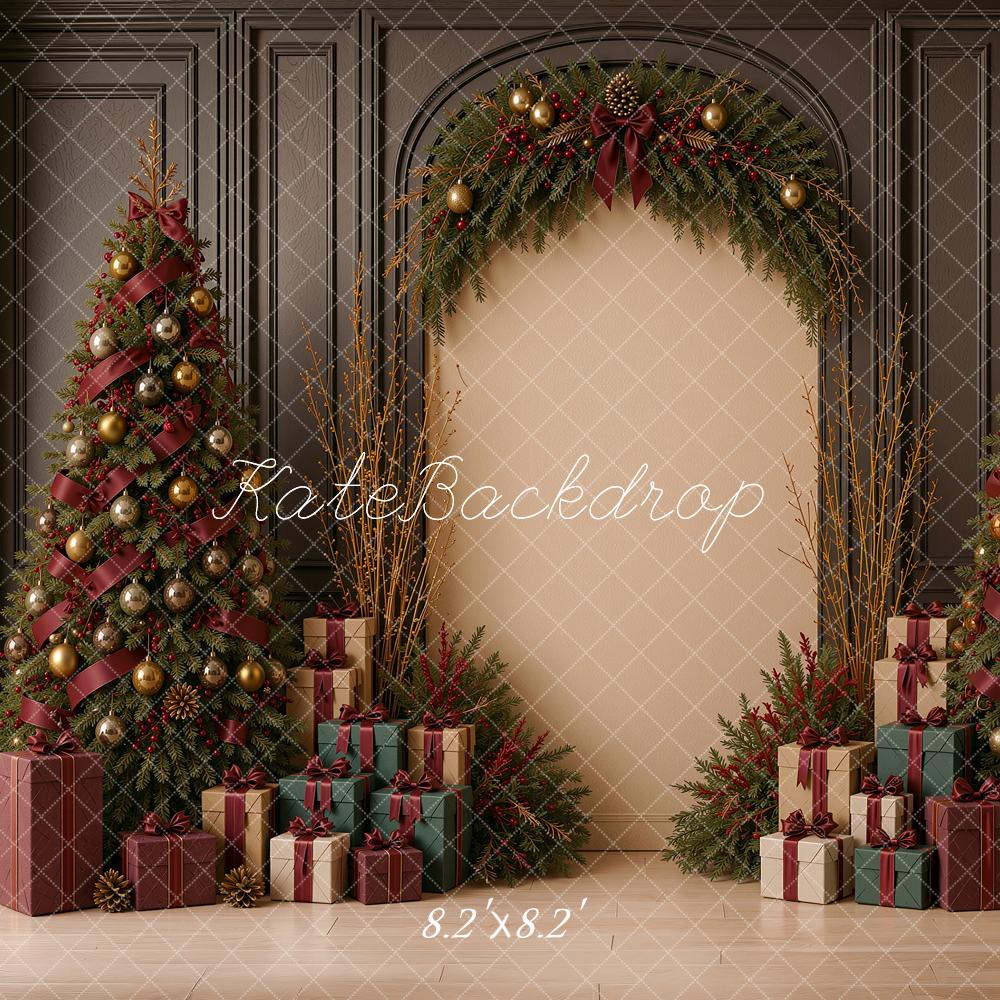 Kate Christmas Tree Red Ribbon Bow Arch Gift Vintage Printed Backdrop Designed by Shutter Swan Studios