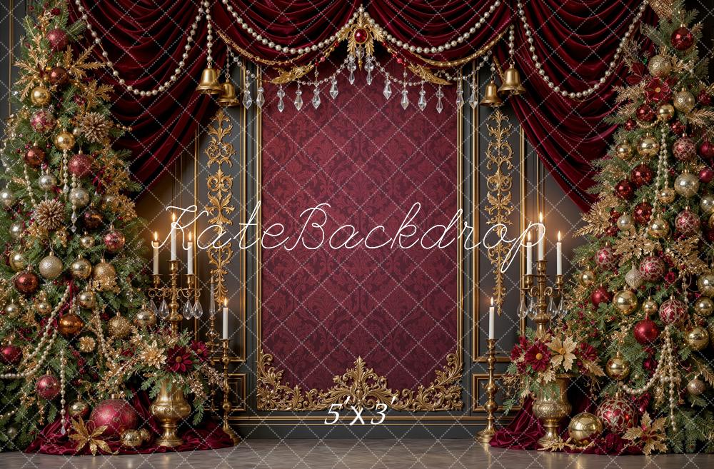 Kate Christmas Trees Ruby Burgundy Gold Drapes Vintage Wall Printed Backdrop Designed by Shutter Swan Studios