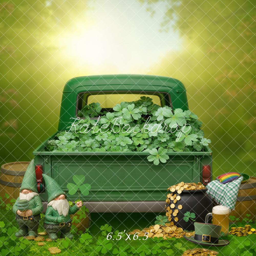 Kate St. Patrick's Day Shamrock Green Truck Gnomes Gold Coins Backdrop Designed by Emetselch