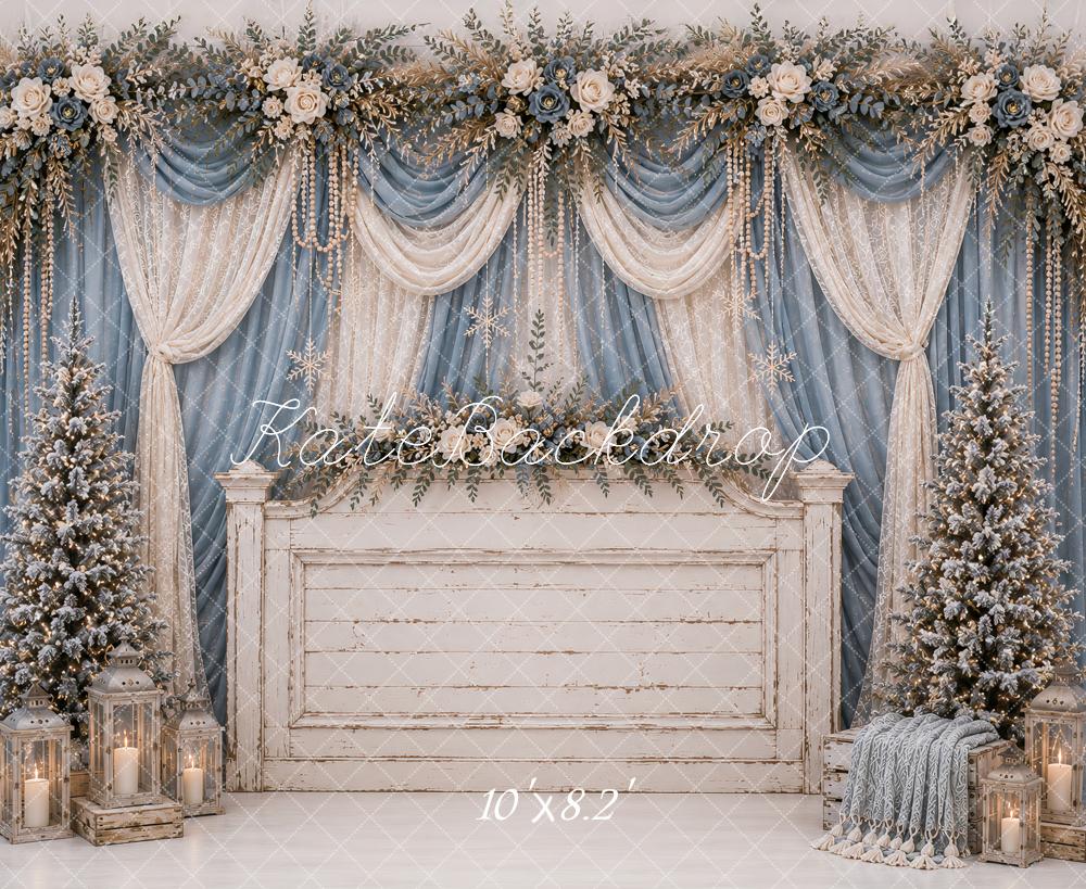 Kate Christmas Headboard Blue Drapes Snowy Christmas Trees Floral Printed Backdrop Designed by Ashley Paul