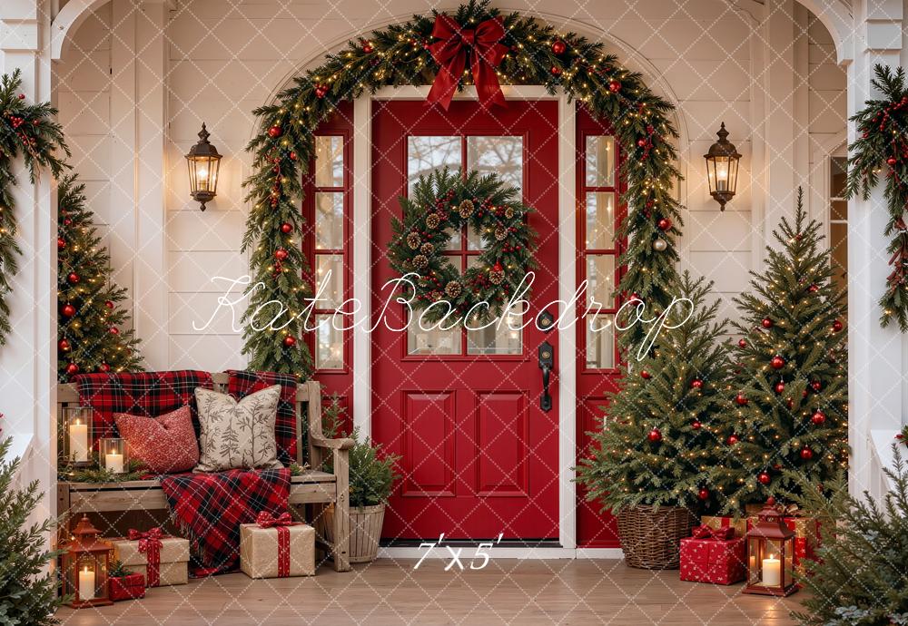 Kate Christmas Red Door Front Porch Garland Trees Gifts Printed Backdrop Designed by Shutter Swan Studios