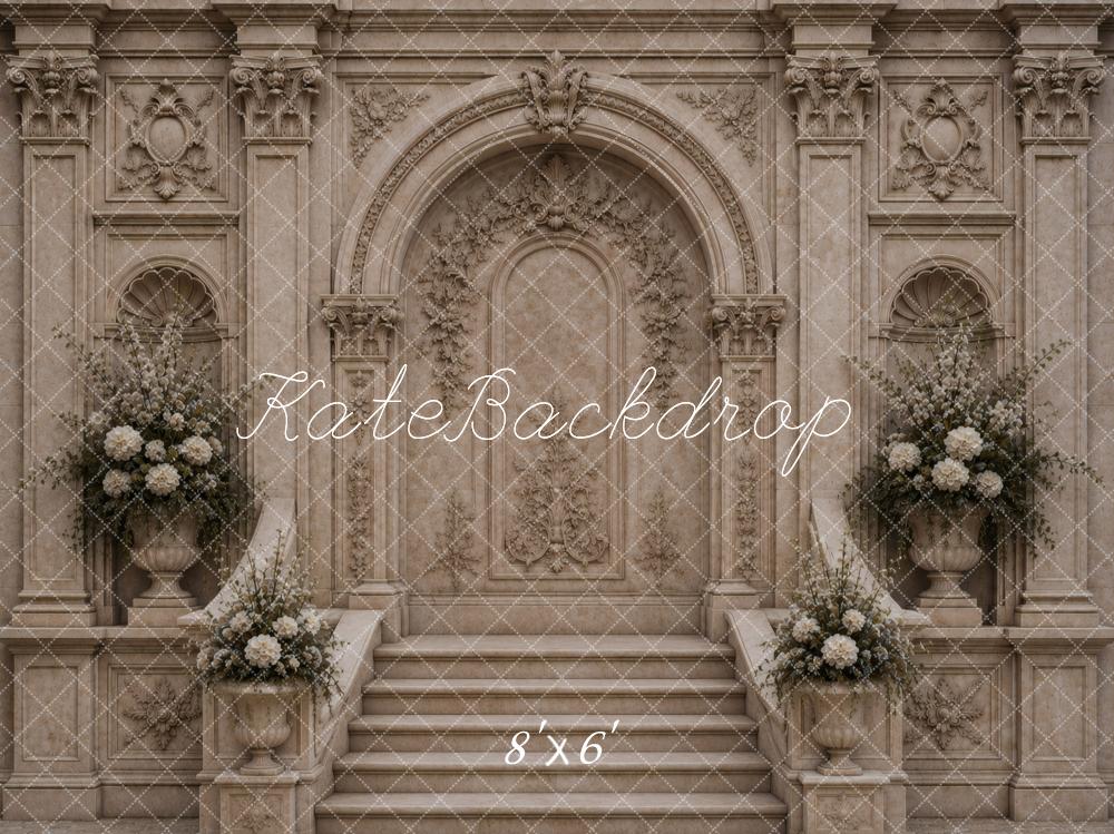 Kate Retro Architecture Cascading Stairs Beige Arch Floral Printed Backdrop Designed by Vertigo Productions