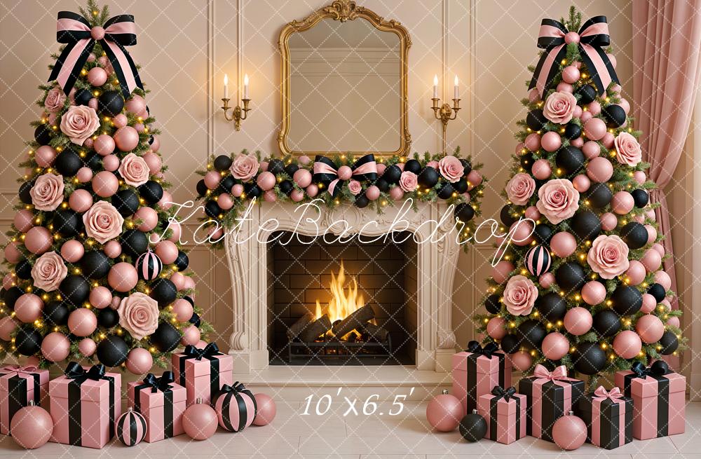 Kate Christmas Tree Pink Rose Fireplace Garland Printed Backdrop Designed by Ashley Paul