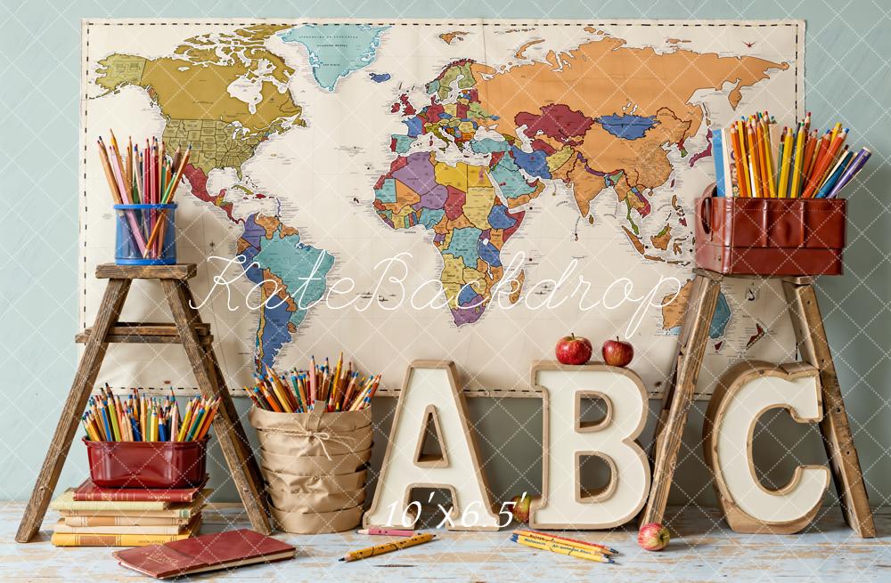 Kate Back To School World Map Alphabet Pencils Books Backdrop Designed by Emetselch