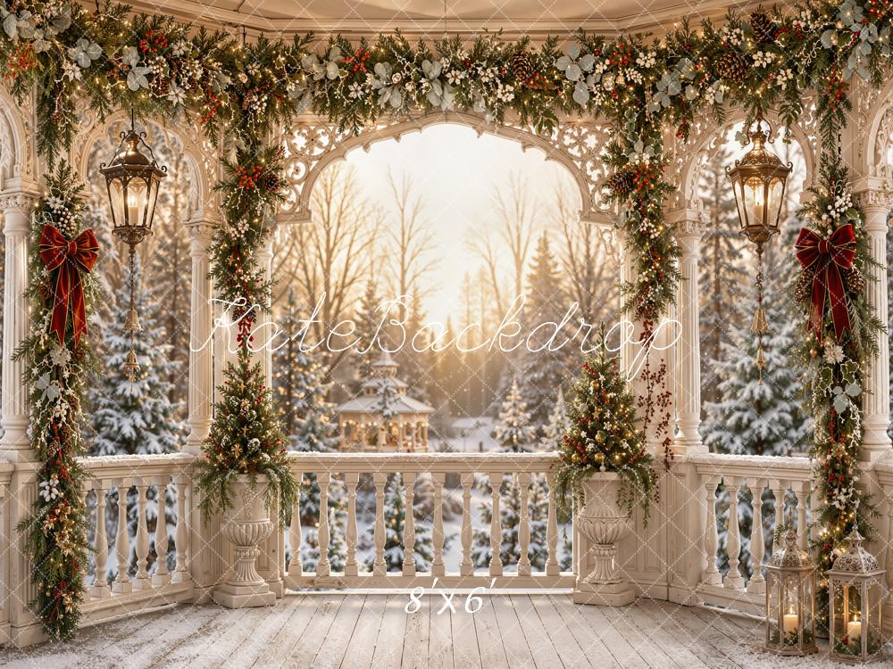 Kate Christmas Gazebo Garland Porch Snowy Trees Printed Backdrop Designed by Emetselch