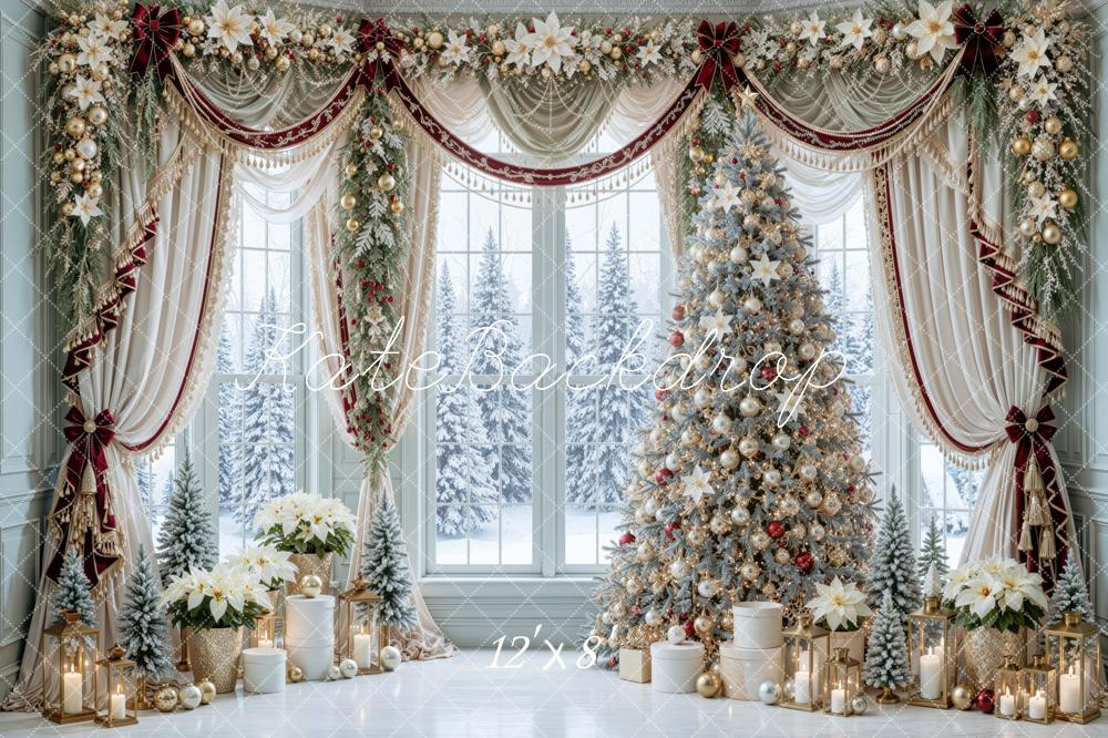 Kate Christmas Tree Window Luxury Drapery Poinsettia Printed Backdrop Designed by Mini MakeBelieve