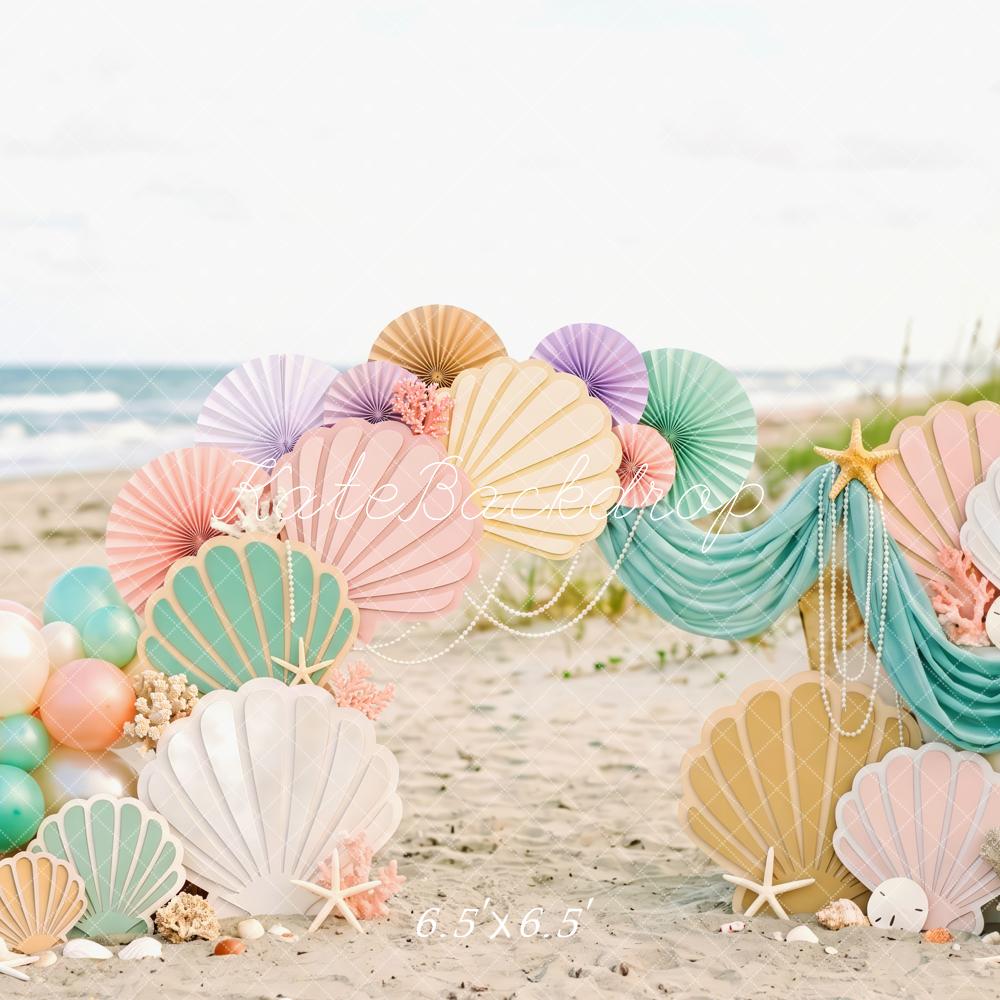 Kate Mermaid Cake Smash Seashell Coral Balloon Beach Printed Backdrop Designed by Patty Roberts