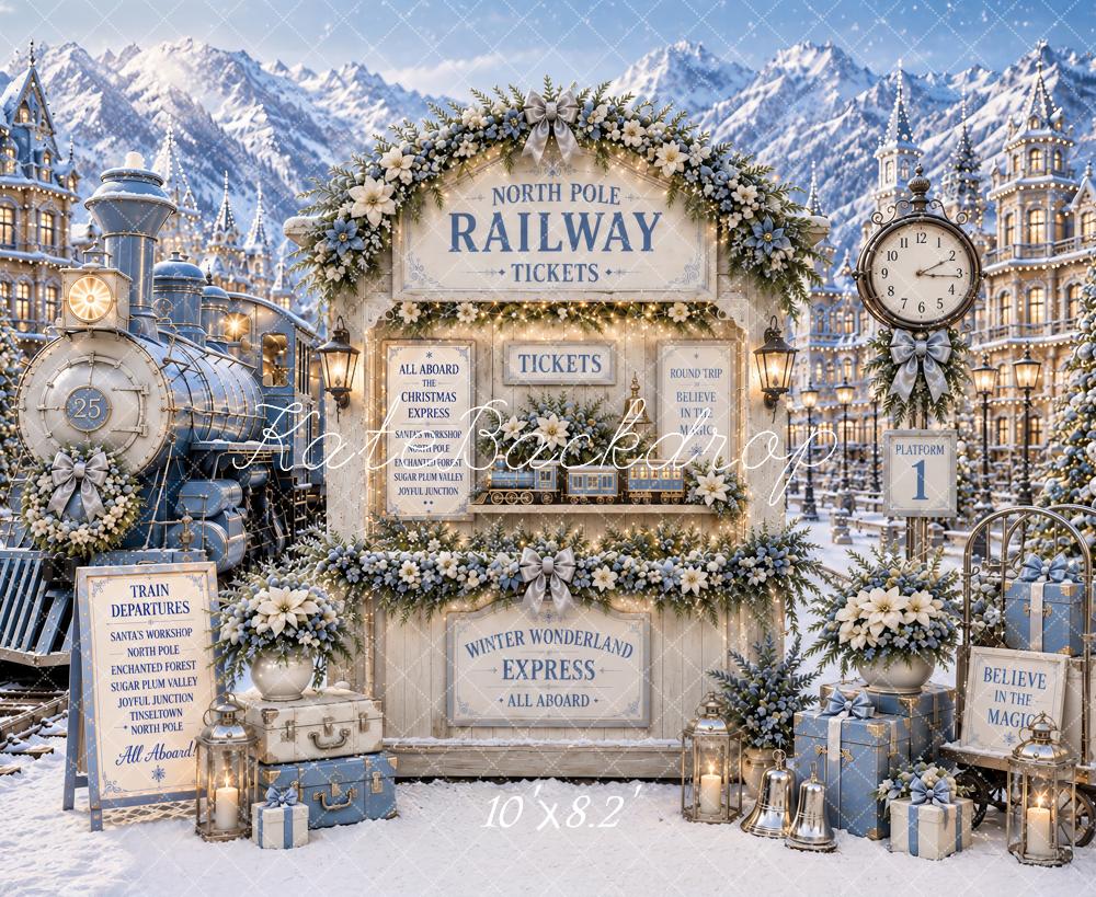 Kate Christmas Polar Train North Pole Railway Blue Snowy Printed Backdrop Designed by Ashley Paul