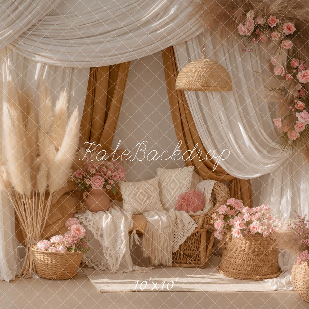 Kate Boho Pampas Grass Pink Flowers Wicker Sofa Printed Backdrop Designed by Emetselch