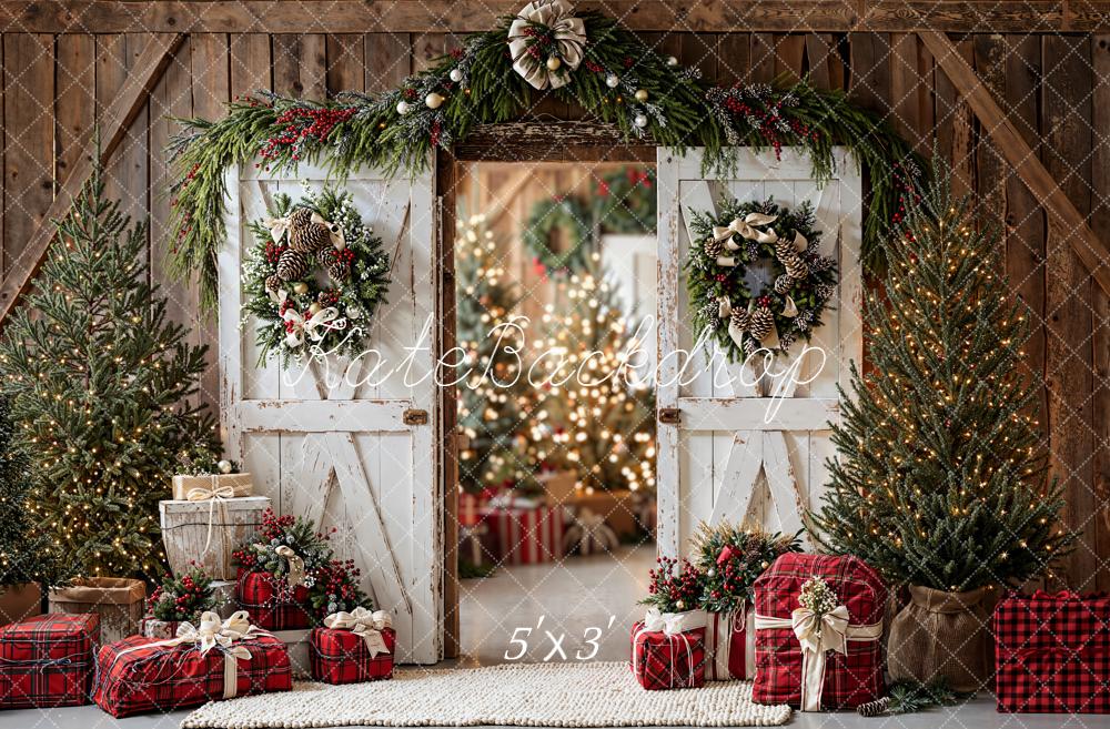 Puertas de granero navideñas de pino árboles de cuadros regalos fondo rústico Designed by Emetselch