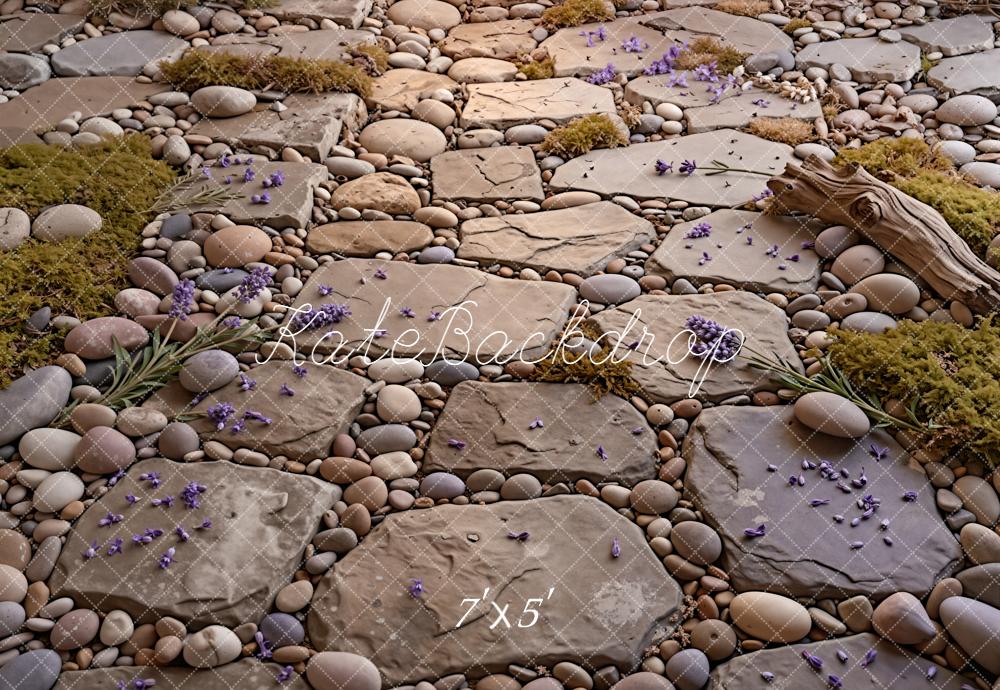 Kate Stone Pathway Pebbles Moss Log Purple Flowers Floor Printed Backdrop Designed by Kate Image