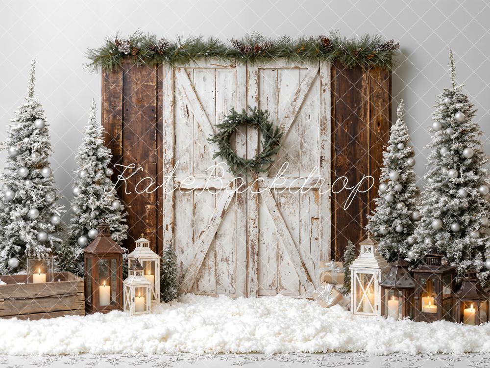 Kate Christmas Rustic Barn Door Snowy Trees Lanterns Printed Backdrop Designed by Emetselch