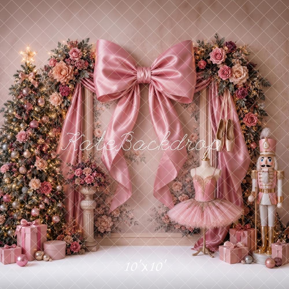 Kate Christmas Tree Pink Bow Nutcracker Ballerina Printed Backdrop Designed by Ashley Ward