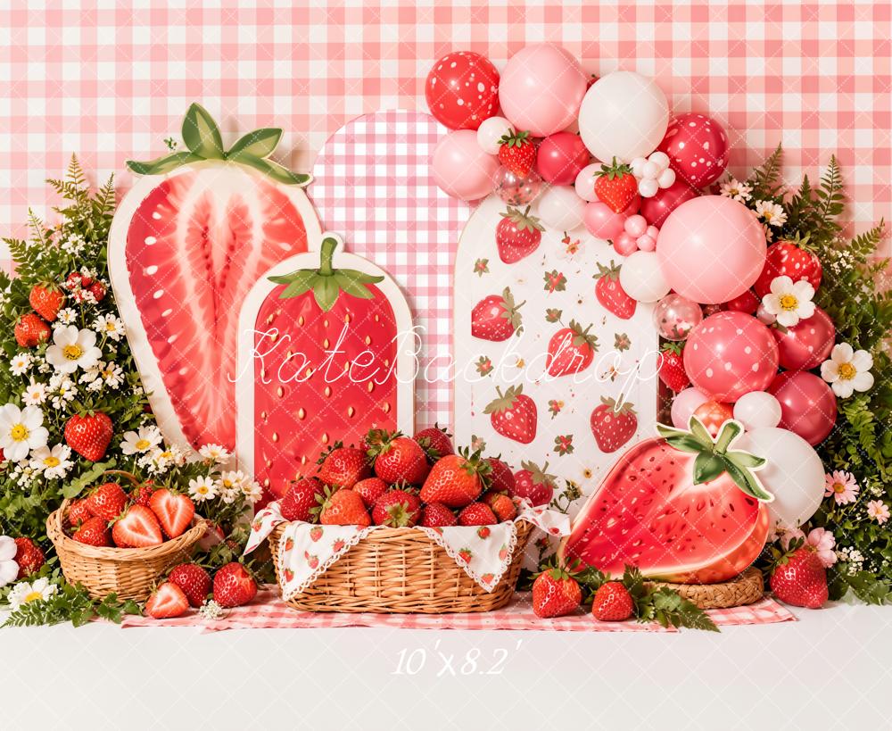 Kate Summer Strawberry Picnic Baskets Pink Checkered Balloons Printed Backdrop Designed by Emetselch