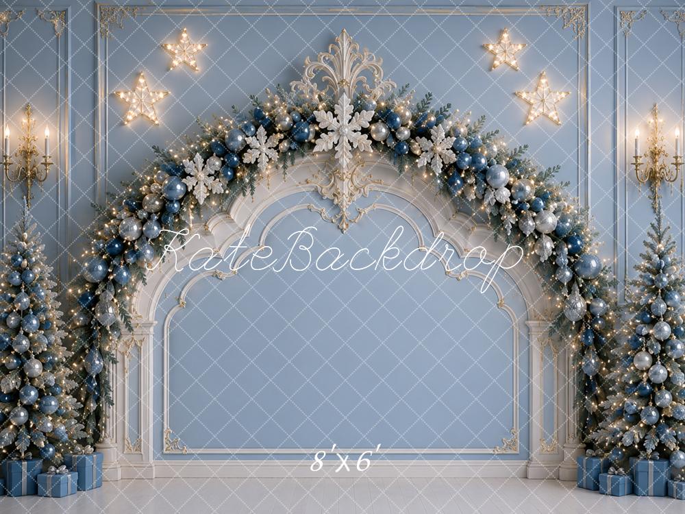 Kate Christmas Headboard Blue Arch Garland Trees Snowflakes Printed Backdrop Designed by Caitlin Lynch