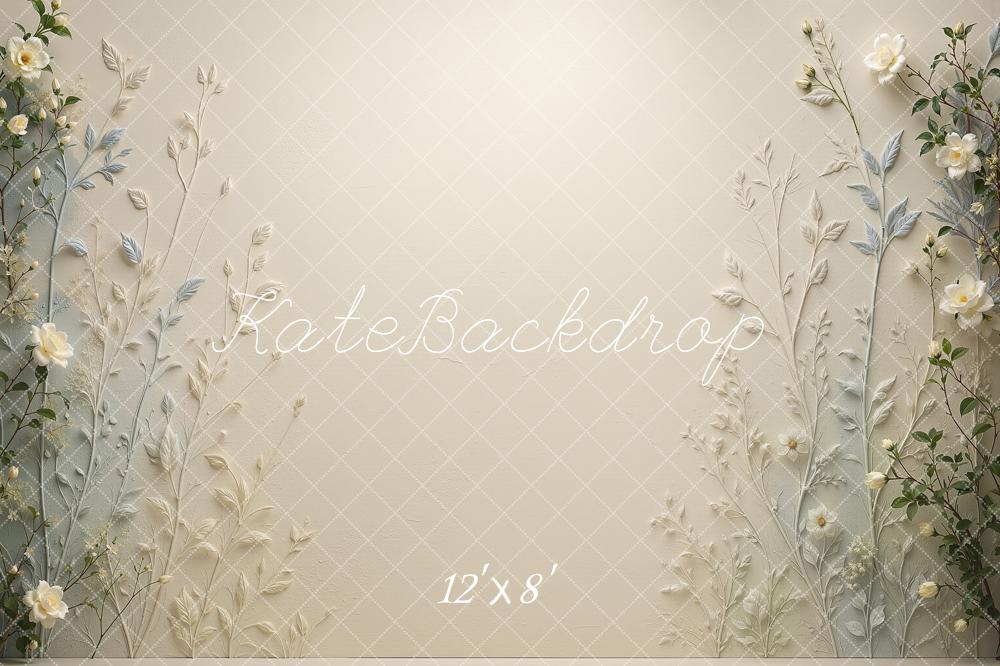 Kate Spring Botanical Blue Green Floral Wall Cream Printed Backdrop Designed by Shutter Swan Studios