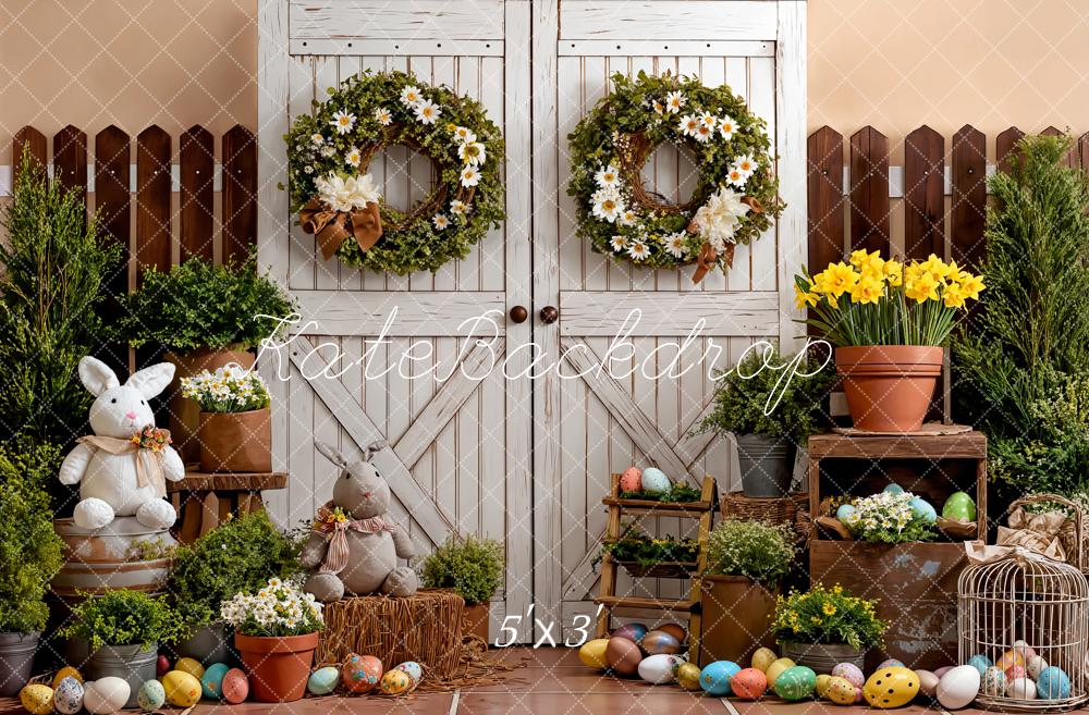 Kate Easter Rustic White Door Bunny Eggs Flowers Fence Backdrop Designed by Emetselch