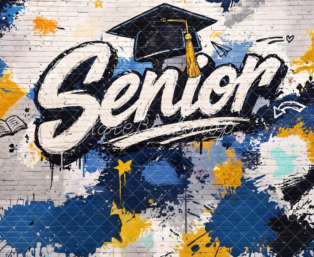 Kate Senior Graffiti Graduation Cap Blue Yellow Brick Wall Printed Backdrop Designed by Emetselch