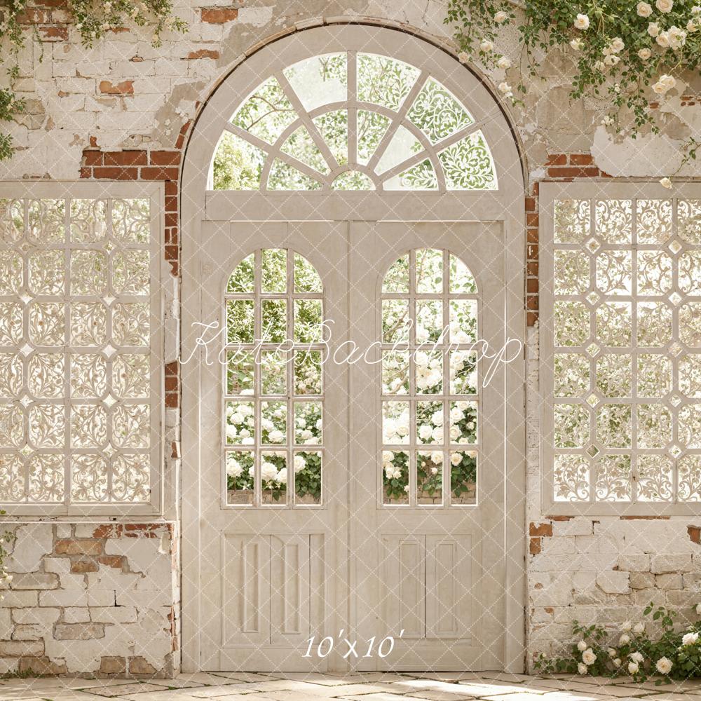 Kate Spring White Brick Arch Door Floral Window Backdrop Designed by Emetselch