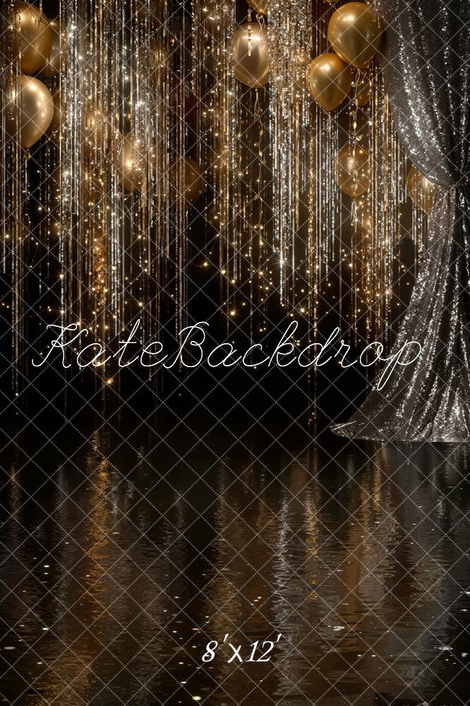 Kate New Year Gold Balloons Glittering Streamers Sequin Curtains Black Printed Backdrop Designed by Emetselch