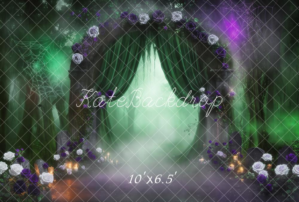 Kate Halloween Gothic Misty Forest Arch Green Curtains Spiderweb Backdrop Designed by Emetselch