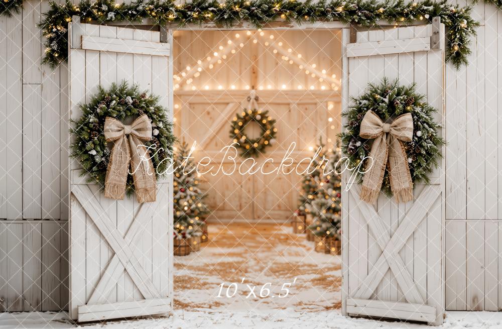 Kate Christmas White Barn Doors Wreaths Garland Bow Printed Backdrop Designed by Emetselch