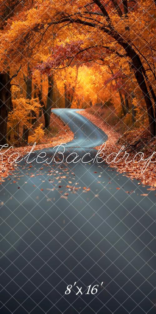 Kate Sweep Fall Winding Road Forest Orange Leaves Printed Backdrop Designed by Mini MakeBelieve