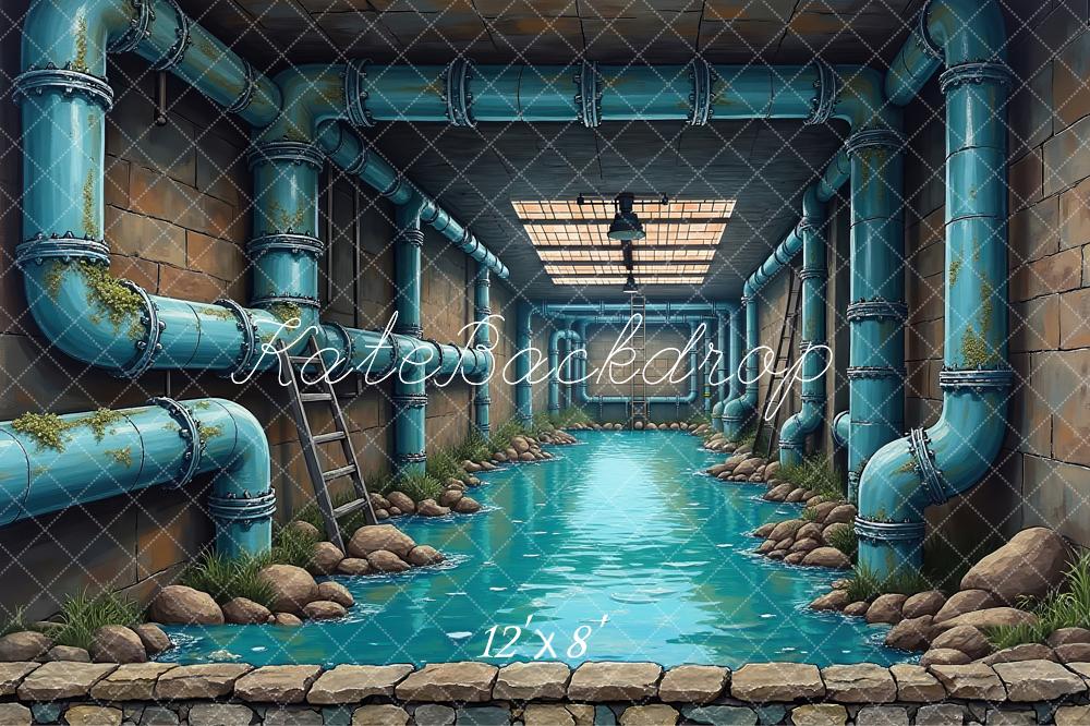 Kate Underground Water Tunnel Blue Pipes Printed Backdrop Designed by Laura Bybee