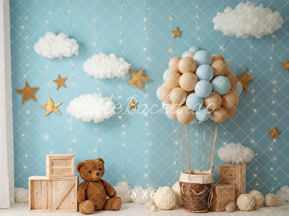 Kate Cake Smash Blue Hot Air Balloon Cloud Stars Teddy Bear Backdrop Designed by Emetselch