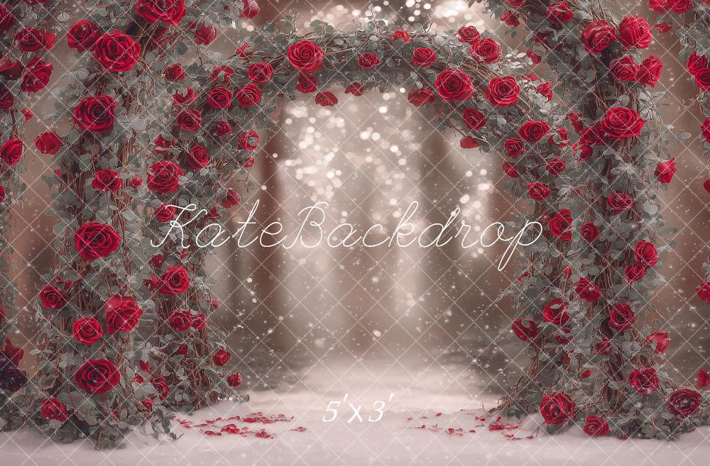 Kate Valentine's Day Flower Arch Red Roses Bokeh Backdrop Designed by Angela Miller