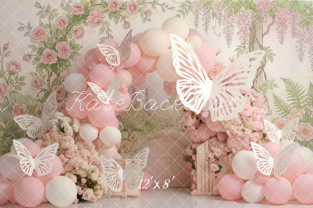 Kate Cake Smash Flower Arch Pink Balloons Roses Butterflies Printed Backdrop Designed by Emetselch