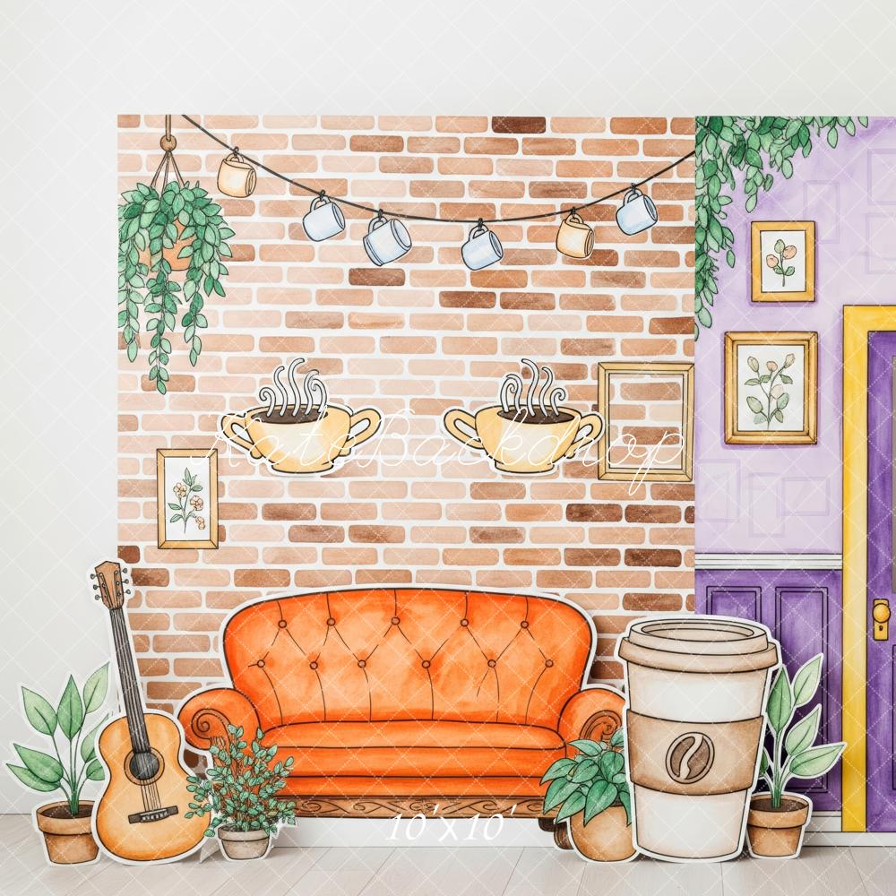 Kate Cozy Coffee Living Room Brick Wall Purple Door Couch Turkey Backdrop Designed by Patty Roberts