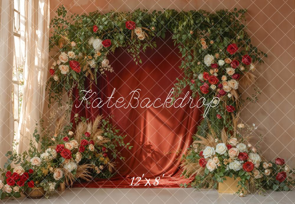 Kate Spring Flower Arch Red and White Roses Greenery Backdrop Designed by Emetselch