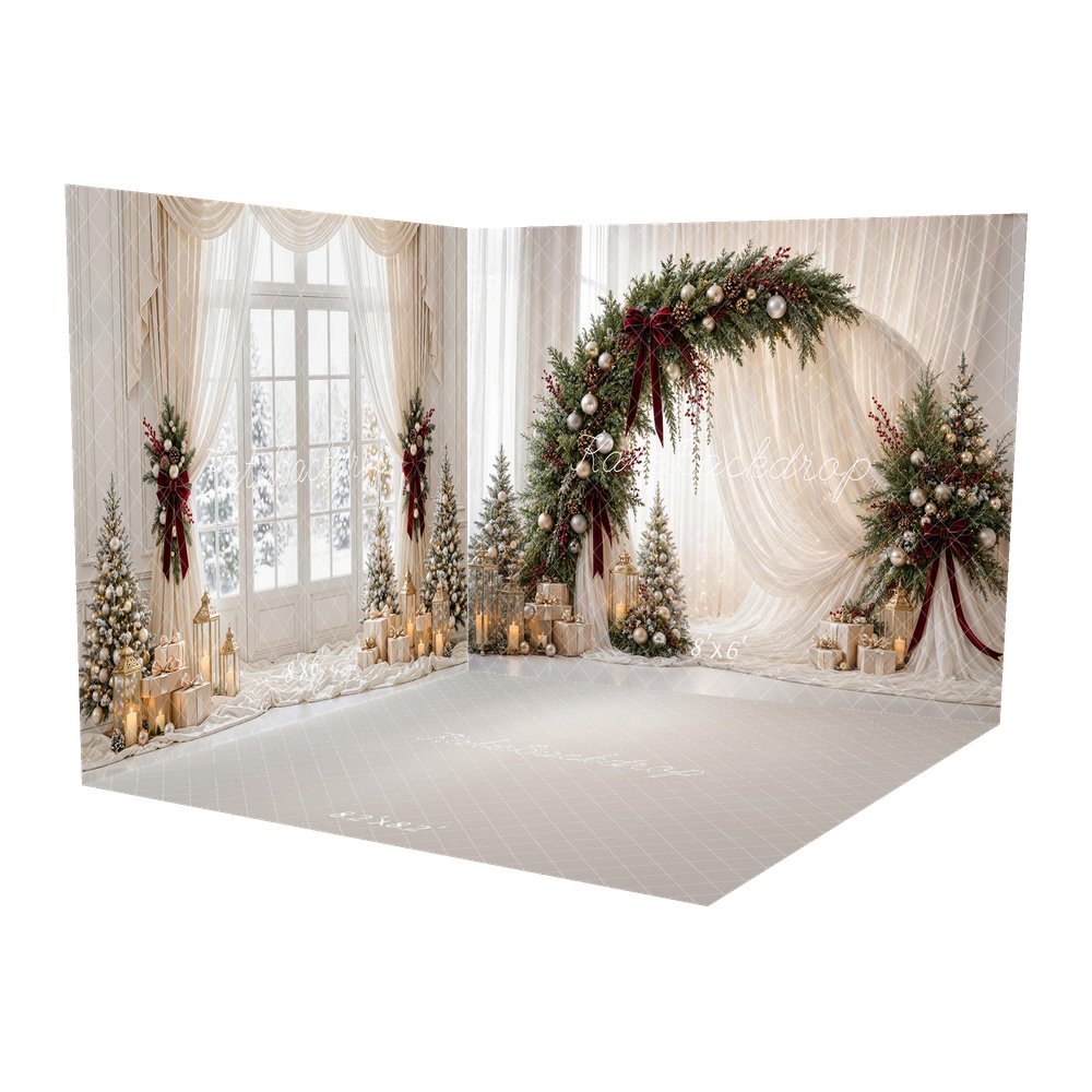 Kate Christmas Circle Flower Arch White Drapes Gold Ornaments Gifts Printed Backdrop Room Set