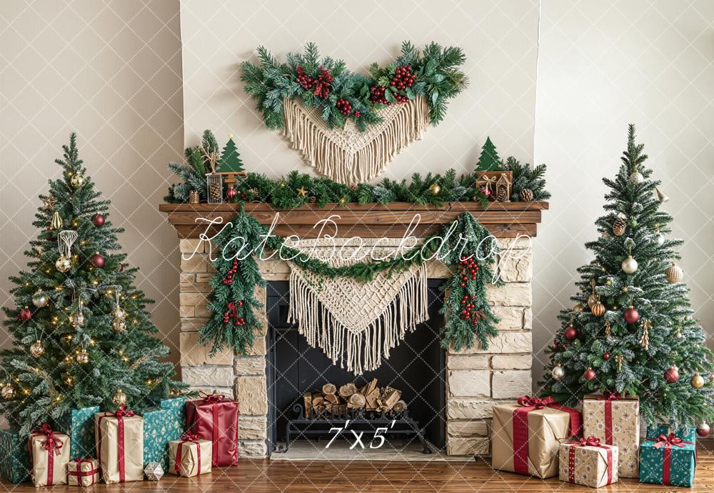 Kate Christmas Tree Fireplace Boho Macrame Garland Presents Backdrop Designed by Emetselch