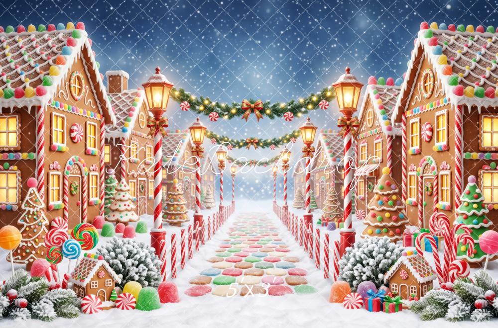 Kate Christmas Gingerbread Street Candy Village Snow Printed Backdrop Designed by Patty Roberts