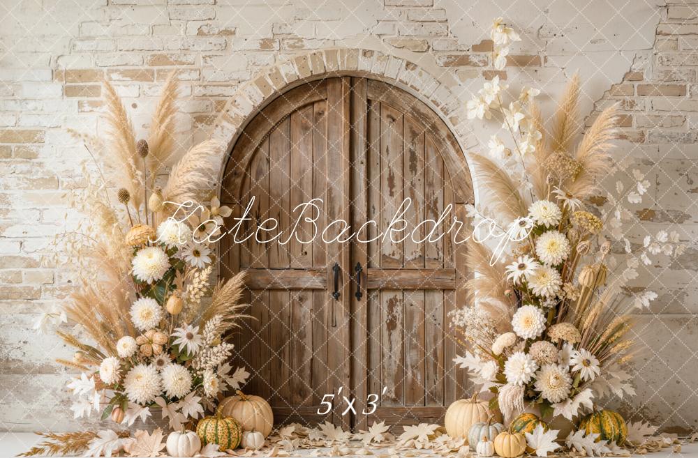 Kate Fall Arched Wooden Door Pumpkin Flower Pampas Grass Printed Backdrop Designed by Emetselch