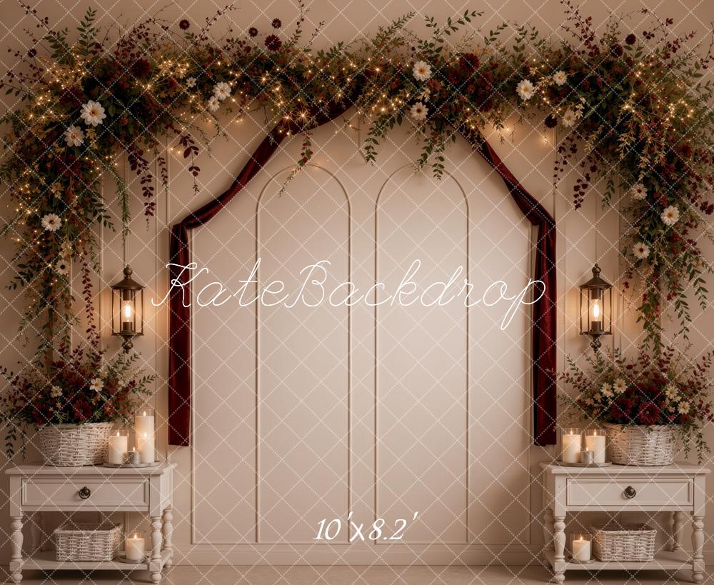 Kate Valentine's Day Headboard Flower Arch Brambles Lanterns Burgundy Cream Printed Backdrop Designed by Ashley Ward