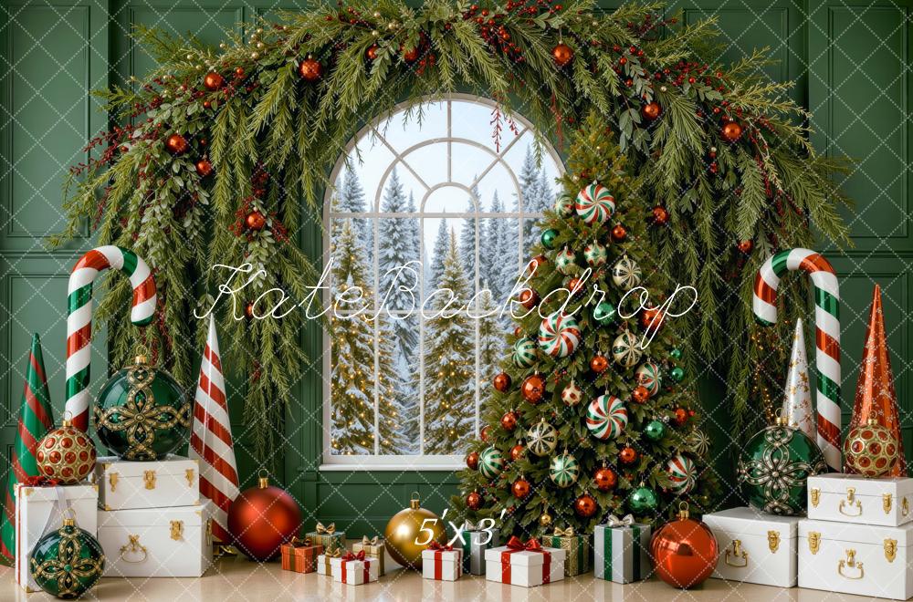 Kate Christmas Tree Garland Arch Candy Canes Green Wall Printed Backdrop Designed by Mini MakeBelieve