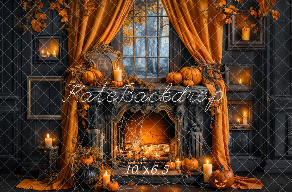 Kate Halloween Pumpkin Orange Curtain Black Fireplace Backdrop Designed by Emetselch