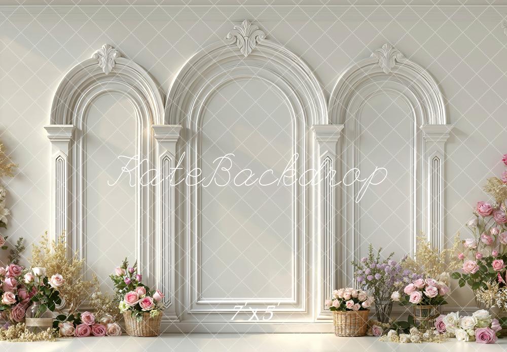 Kate White Arch Wall Flower Arrangement Printed Backdrop Designed by Mini MakeBelieve
